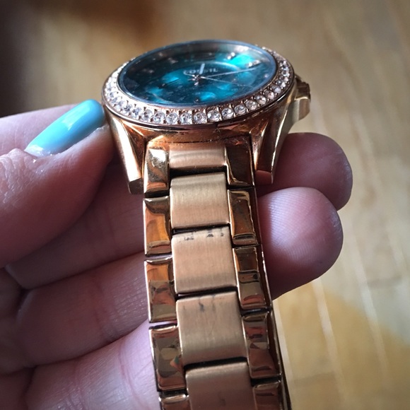Gold Fossil Watch with Teal Blue Face - Picture 4 of 5
